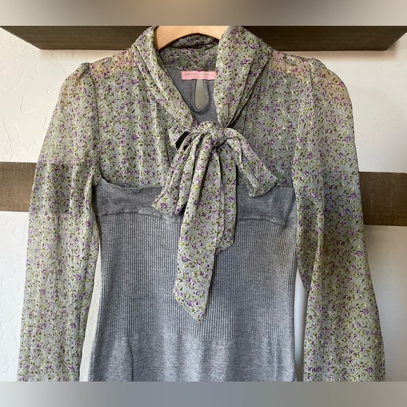 Anna Maria| Feminine Sheer Floral Dress with Knit Gray Combo••Ditsy Floral Print - Picture 3 of 10